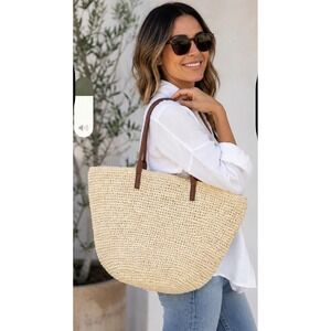Buji Baja Women 100% paper Tote Bag Woven Raffia Beach Shoulder Bag Tan Br Large